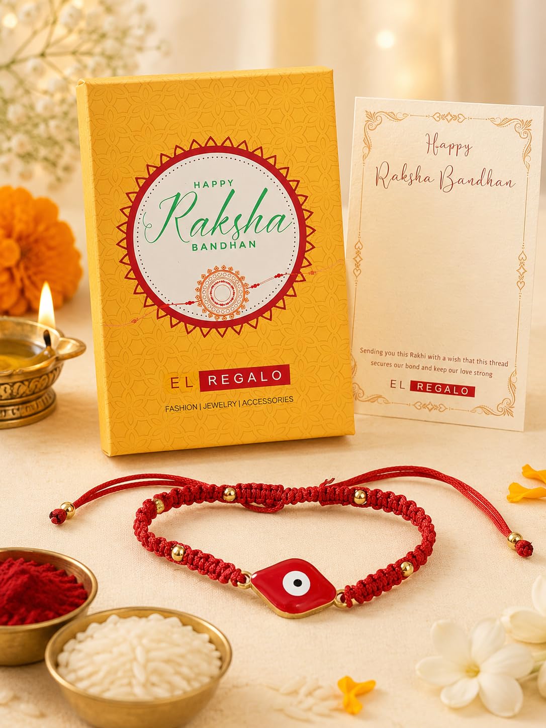 El Regalo Evil Eye Bracelet Rakhi for Brother with Roli Chawal in Gift Box (Red -A)