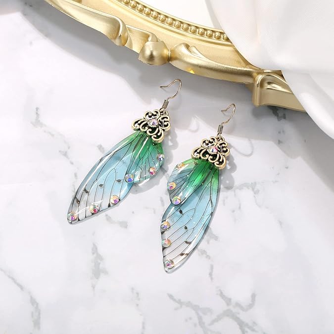 El Regalo Gorgeous Butterfly Wings Earrings - Handcrafted Colorful Austrian Crystal Hook Earrings for Women & Girls | Fantasy Fairy Dangle Earrings | Elegant Jewelry (Green with Gold Finish)