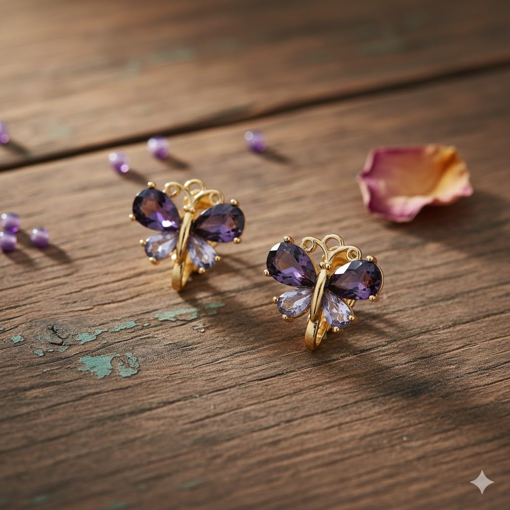 El Regalo Colorful Butterfly Non-Pierced Clip On Earrings for Girls/Women- Cute Non-Pierced Ear Clip Earrings | Enamel Blue/Purple Crystal Earrings (Purple Crystal Butterfly)