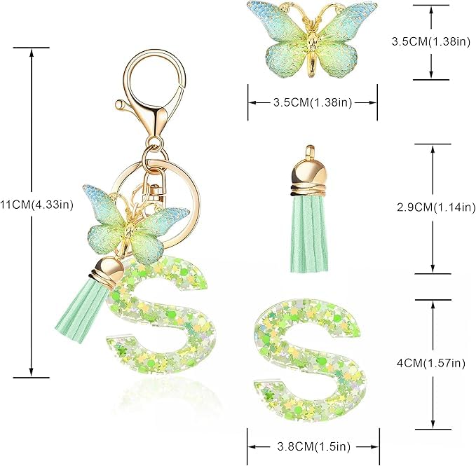 El Regalo Personalized Name Initials Butterfly Charm Keychain - Name Letters Keyring with Green Butterfly & Stars Filled Resin & Tassel Pendant, Purse, Bag, Backpack Accessory (Letter S)