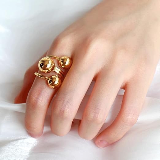El Regalo Modern 18K Gold Plated Stainless Steel Trio Sphere Ring for Women & Girls | Elegant Big Bold Chunky Statement Ring | Triple Ball Spiral Cocktail Finger Ring | Western Fashion Jewellery