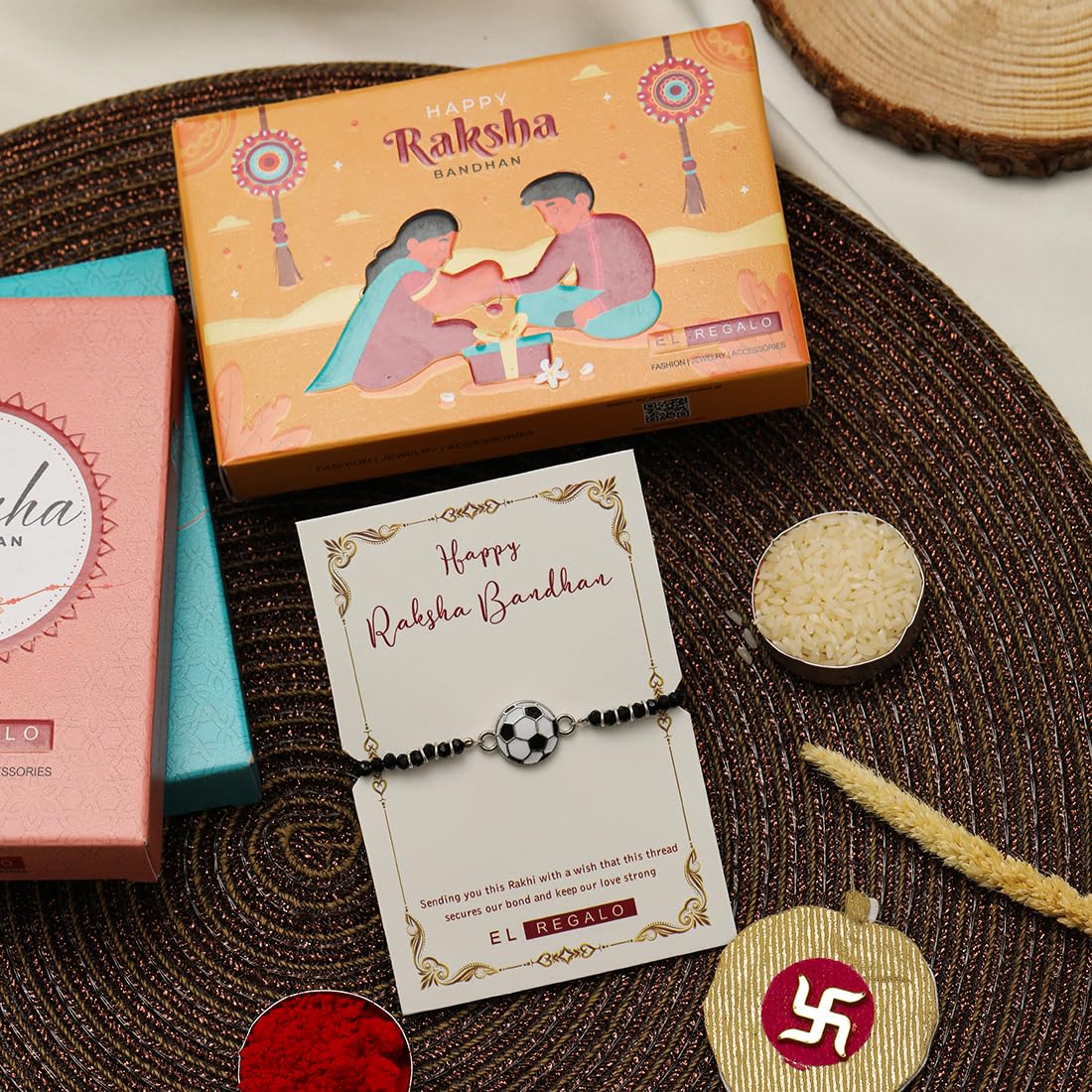 El Regalo Kids Rakhi for Baby Brother - Cute Charms Evil Eye Nazaria Rakhi with shagun, Rakhi Message Card in Rakhi Gift Box for Kids/Babies/Toddlers (Football)