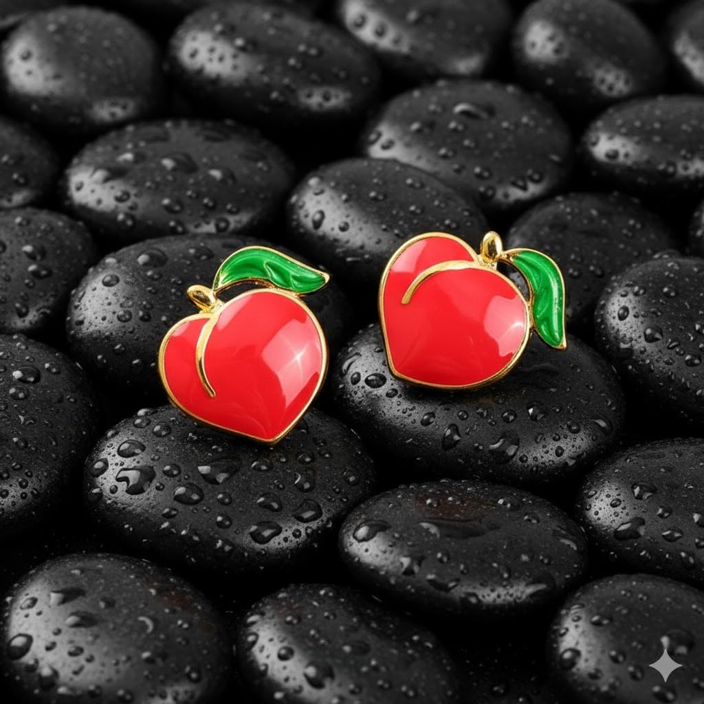 El Regalo Cute Gold Plated Stainless Steel Oil Drop Peach Stud Earrings for Girls & Women | Hypoallergenic Fruit Themed Fashion Earrings (Red)