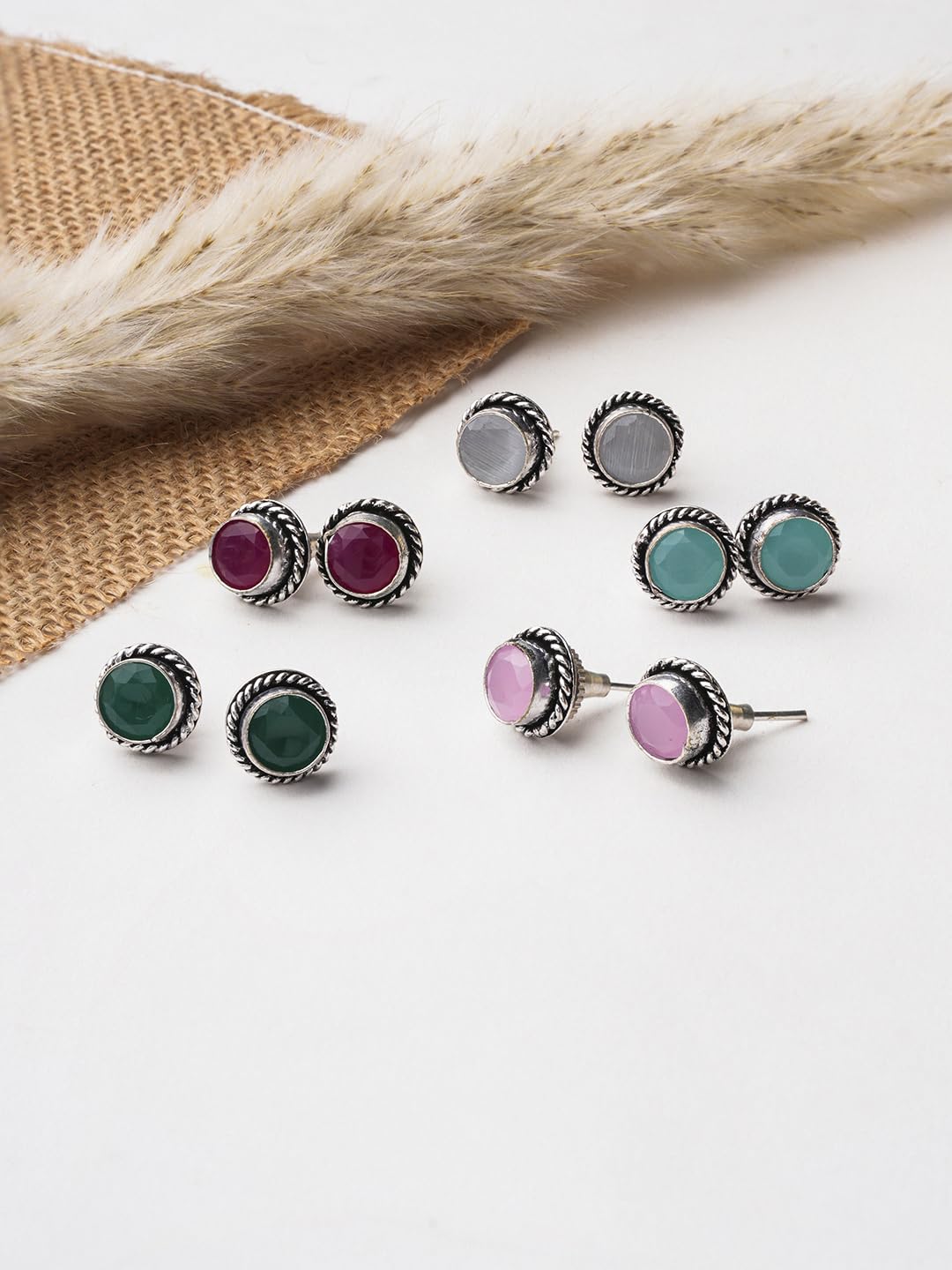 El Regalo 5 Pairs Oxidized German Silver Small Monalisa Stones Stud Earrings Combo Set in Antique Silver Finish for Women/Girls- Timeless Elegance for Casual and Formal Wear