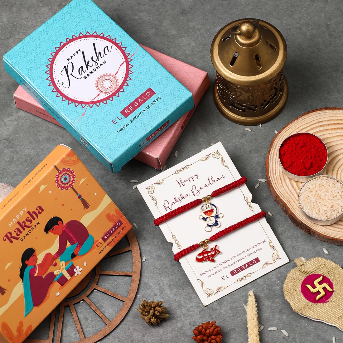El Regalo 2 PCs Cute Kids/Teens Rakhis Set for Brother/Sister/Niece/Nephew - Beautiful 2 Bracelet Rakhis Set with Roli Chawal, Message Card in Rakhi Gift Box (Option-3)