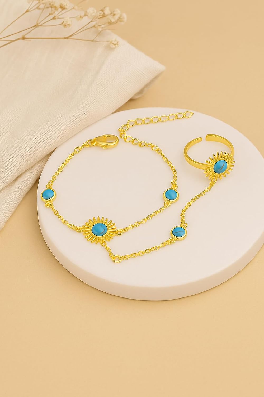 El Regalo 1PC Stainless Steel Non-Tarnish Hand Chain Bracelet with Finger Ring | Elegant & Trendy Adjustable Golden Bracelet for Women & Girls (Turquoise Sun)