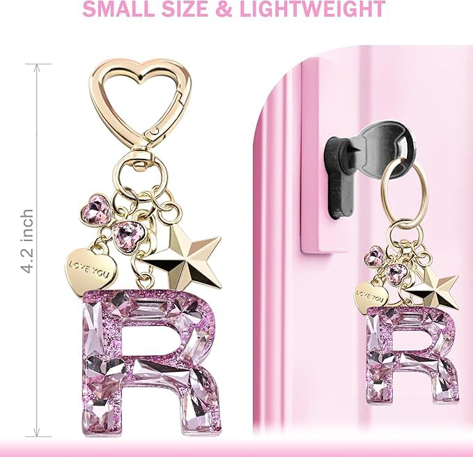 El Regalo Personalized Glitter Initial Letter Keychain for Girls & Women - Cute Pink Resin Alphabet Keyring with Heart & Star Charms - Fancy Luxury Bag Accessory & Birthday Gift (Letter R)