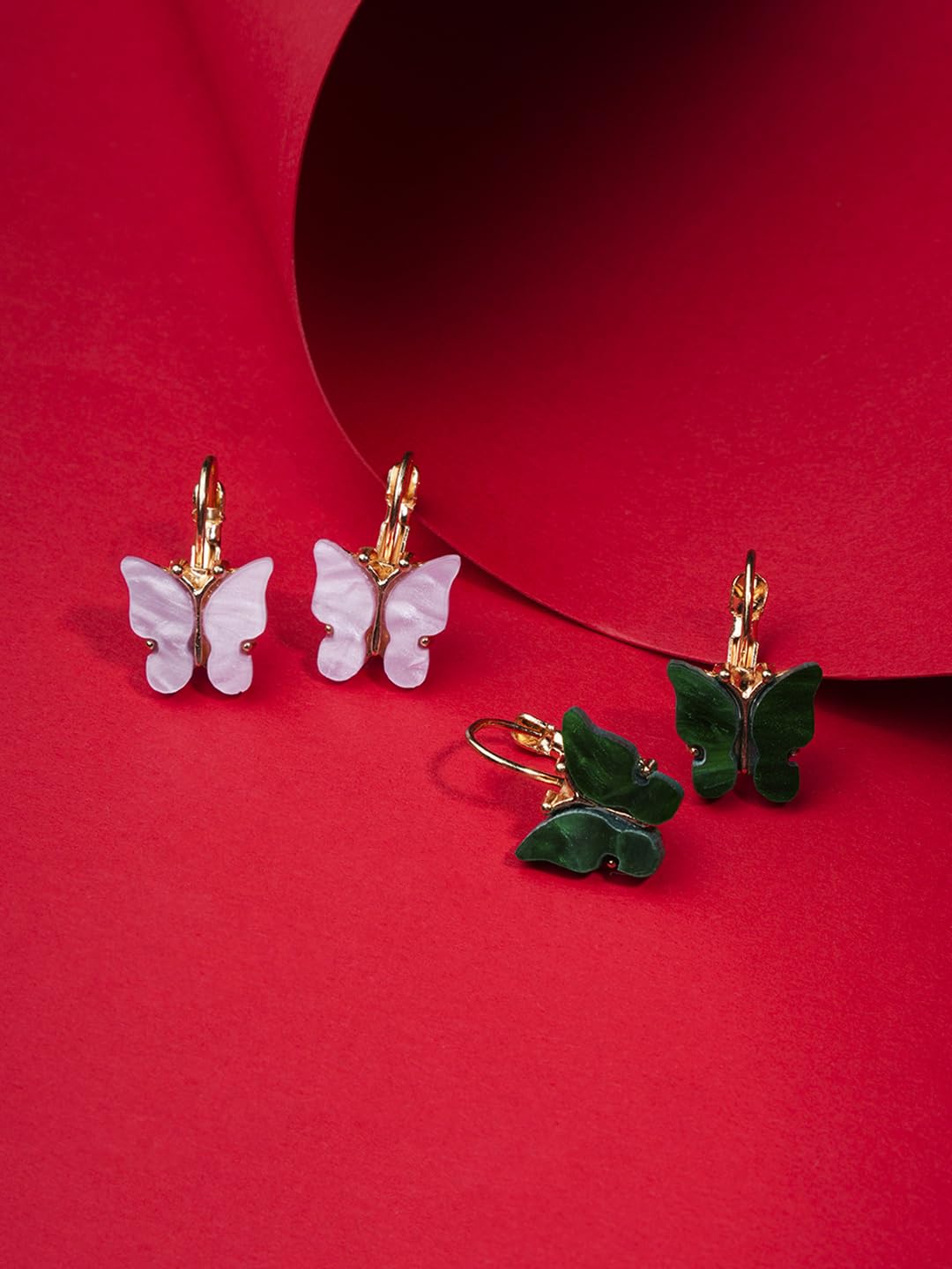 El Regalo Cute 2 Pairs Butterfly Lever Hook Earrings Combo for Girls & Women- Elegant Small Butterfly Hoop Earrings- Gift for Girls/Her (Green & Lavender)