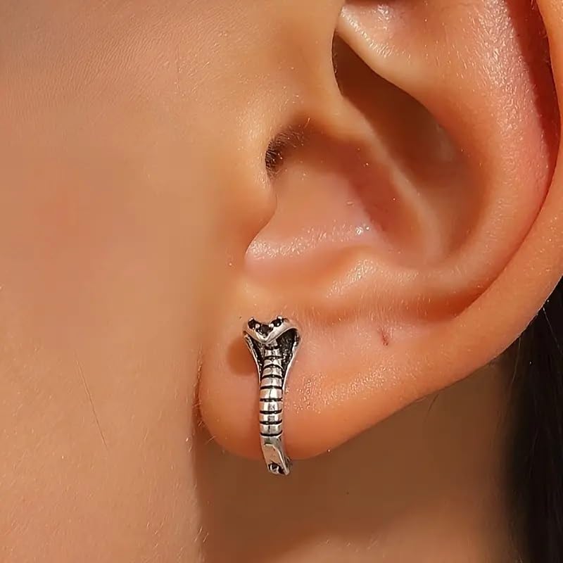 El Regalo 1pair Retro Fashion Cobra Snake Earrings- Punk Snake Black Zirconia Eye Stainless Steel Huggie Ear Cuff Unisex Earrings for Men & Women