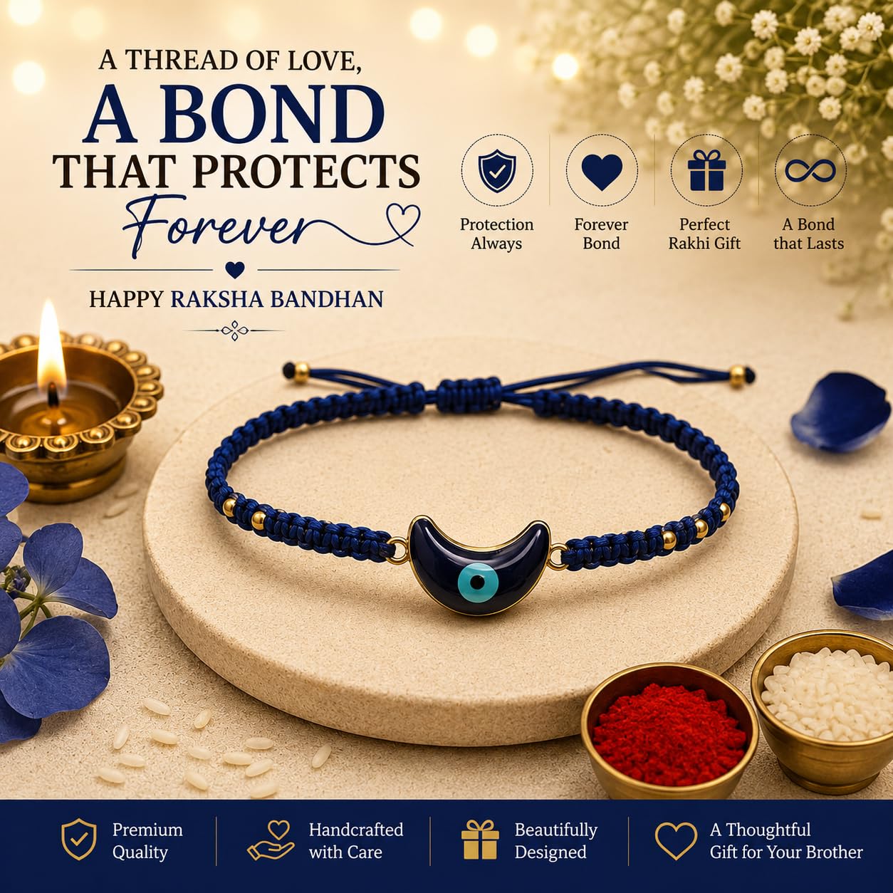 El Regalo Evil Eye Rakhi for Brother, Fancy Bracelet Rakhi with Roli Chawal in Gift Box (Moon Evil Eye -Blue)