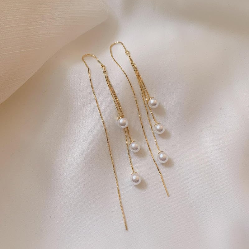 El Regalo Modern Sui Dhaga Threader Earrings for Women - Minimalist Long Pull Through Chain Earrings - Light Dangle Needle Threaders for Multiple Piercings, Sensitive Ears (Pearls Threader)