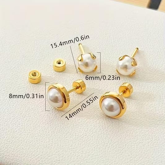 El Regalo 2 Pairs Pearl Stud Earrings for Women & Girls - Earrings Combo Set | 18K Gold Plated Anti Tarnish Stainless Steel | Hypoallergenic, Waterproof Studs Jewelry Combo (Classic & Bezel Style)