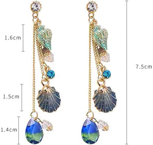 El Regalo Ocean Blue Tassel Shell Dangle Earrings - Chandelier Sparkly Bohemia Shine Rhinestone Scallop Beach Earrings for Women Girls