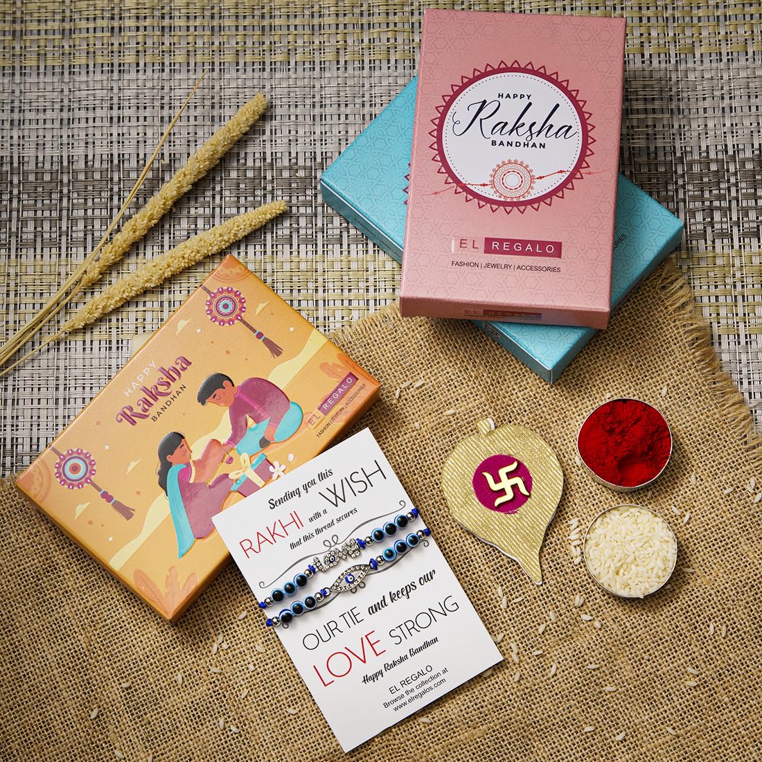 El Regalo 2PCs Evil Eye Rakhi Combo Set for Bhai-Bhabhi or Bhai-Bhatija/Bhatiji- 2 Evil Eye Rakhis with Roli Chanwal, Rakhi Card in Rakhi Gift Box (Option-4)