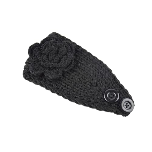 El Regalo 2 PCs Knitted Flower Warm Winter Woolen Headband with Buttons for Face Mask Cover | Cold Weather Hair Accessories Head Wrap | Winter Headbands for Girls & Women (Pack of 2) (Red & Black)