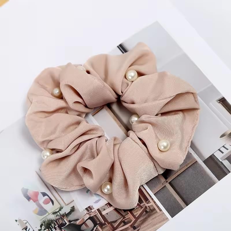 El Regalo 3 PCs Satin Silk Pearls Hair Scrunchies for Women/Girls- No Damage Silk Hair Ties with Delicate Pearls - Soft, Smooth & Shiny Hair Accessories (Color option-1)