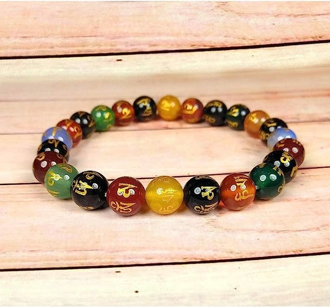 El Regalo 1PC Om Mani Padme Hum Engraved Multicolor Stone Crystal Bracelet Rakhi for Brother with Rakhi Message Card, Roli Chawal Shagun in Rakhi Gift Box