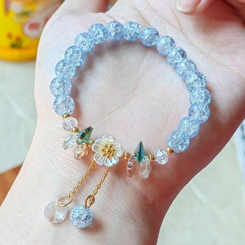 El Regalo Daisy Flower Bracelets- 1PC Crackled Crystal Beads Tassel Flower Charms Bracelet for Girls & Women (Blue)