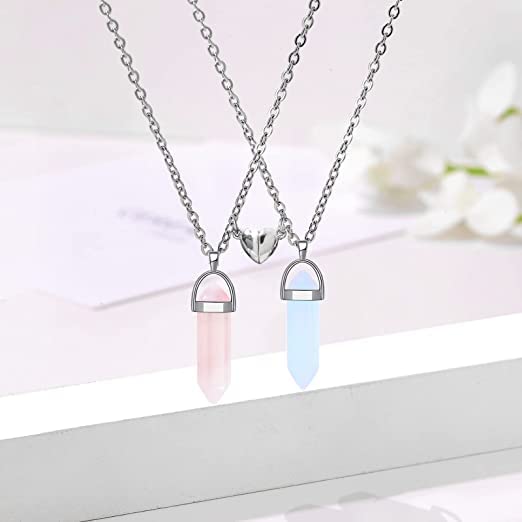 El Regalo 2Pcs/Set Crystal BFF Best Friend Magnetic Couple Matching Split Heart Pendant Necklaces for Besties/Couples - Valentines Day Gift (Pink & Light Blue) For Unisex Adult