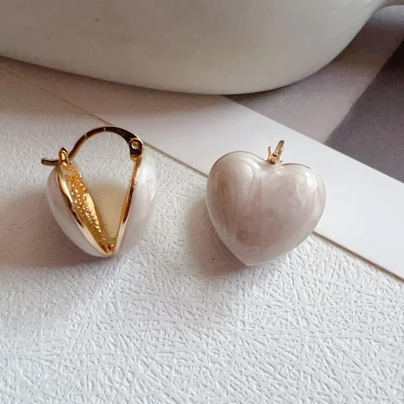 El Regalo Heart Hoops Earrings- Vintage Fashionable Bliss Heart Clip Double-sided Enamel Glaze Eternal Elegance Love Earrings for Women & Girls (Glazed Cream)