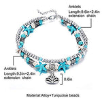 El Regalo Antique Silver Tone Multi Layer Turquoise Beach Beaded Bohemian Fashion Charm Anklets for Women & Girls (Lotus Charm)