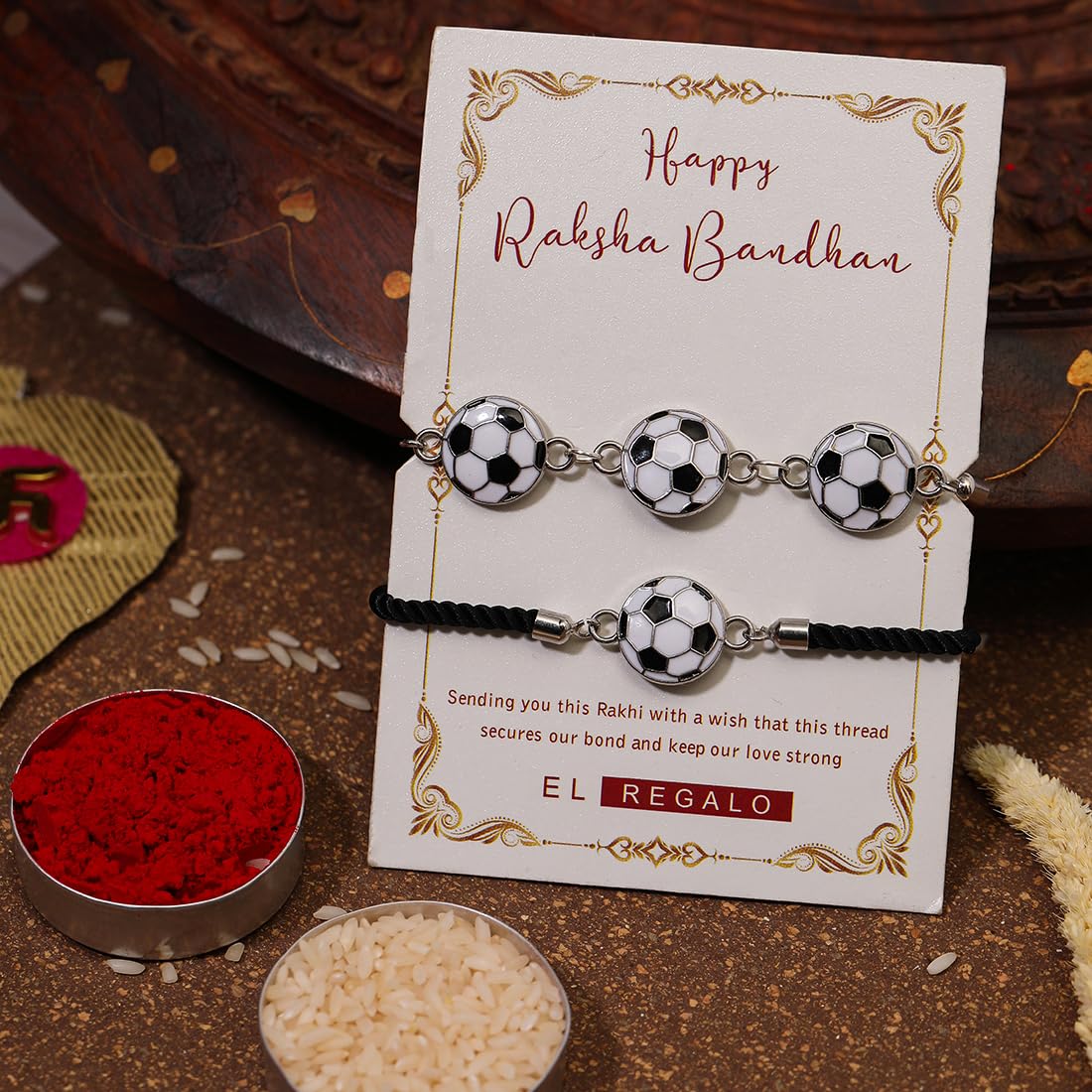 El Regalo Quirky 2PC Sports Rakhi Set for Brother | Rakhis Combo Set for Brother/Niece/Nephew- Kids Rakhi for Sports Lovers Bhai with Roli-Chawal, Message Card in Rakhi Gift Box (Option-2)