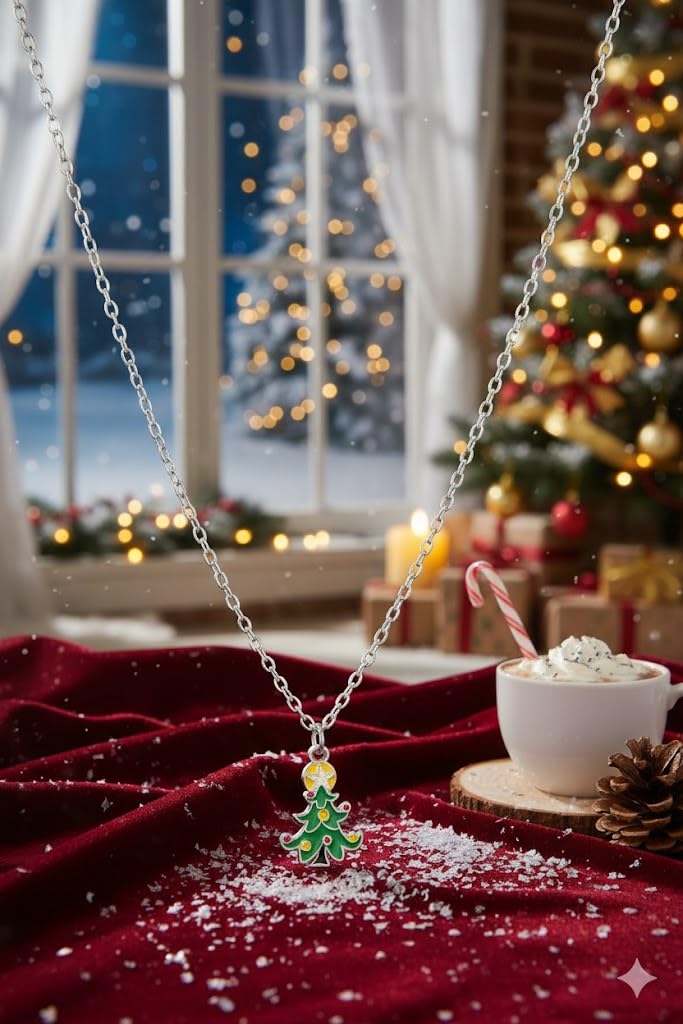 El Regalo Christmas Pendant Necklace for Girls & Women | Cute Xmas Charm Necklaces with Gift Card | Santa, Tree, Penguin, Elf, Mitten, Box & Festive Winter Designs | Holiday Jewellery for Kids & Adults (Christmas Tree Necklace)