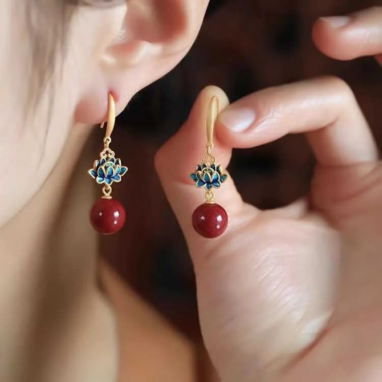 El Regalo Lotus Design Drop Earrings for Women & Girls - Gold Plated Enamel Earrings with Red Stone Bead Pendant - Ethnic & Contemporary Earrings