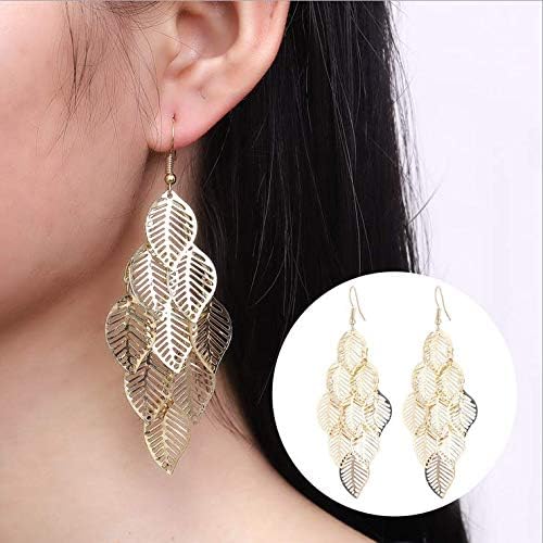 El Regalo 1 Pair Pretty Leaves Bunch Chandelier Earrings for Girls & Women- Boho Lightweight Hollow Filigree Leaves Drop Earrings (Golden)