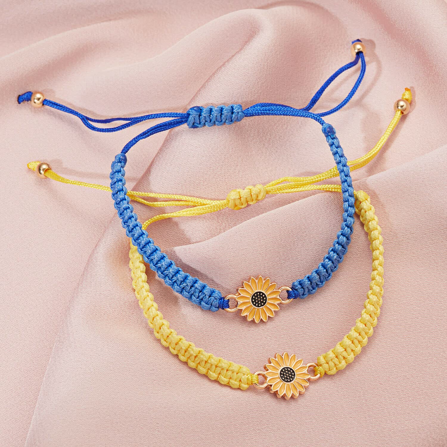 El Regalo 2 PCs Sunflower Daisy Bracelet - Adjustable Sunflower Bracelets for Best Friends/Besties - Sunflower Pinky Promise Bracelets for Kids Girls/Teens/Women (Yellow & Blue Sunflower Bracelet)