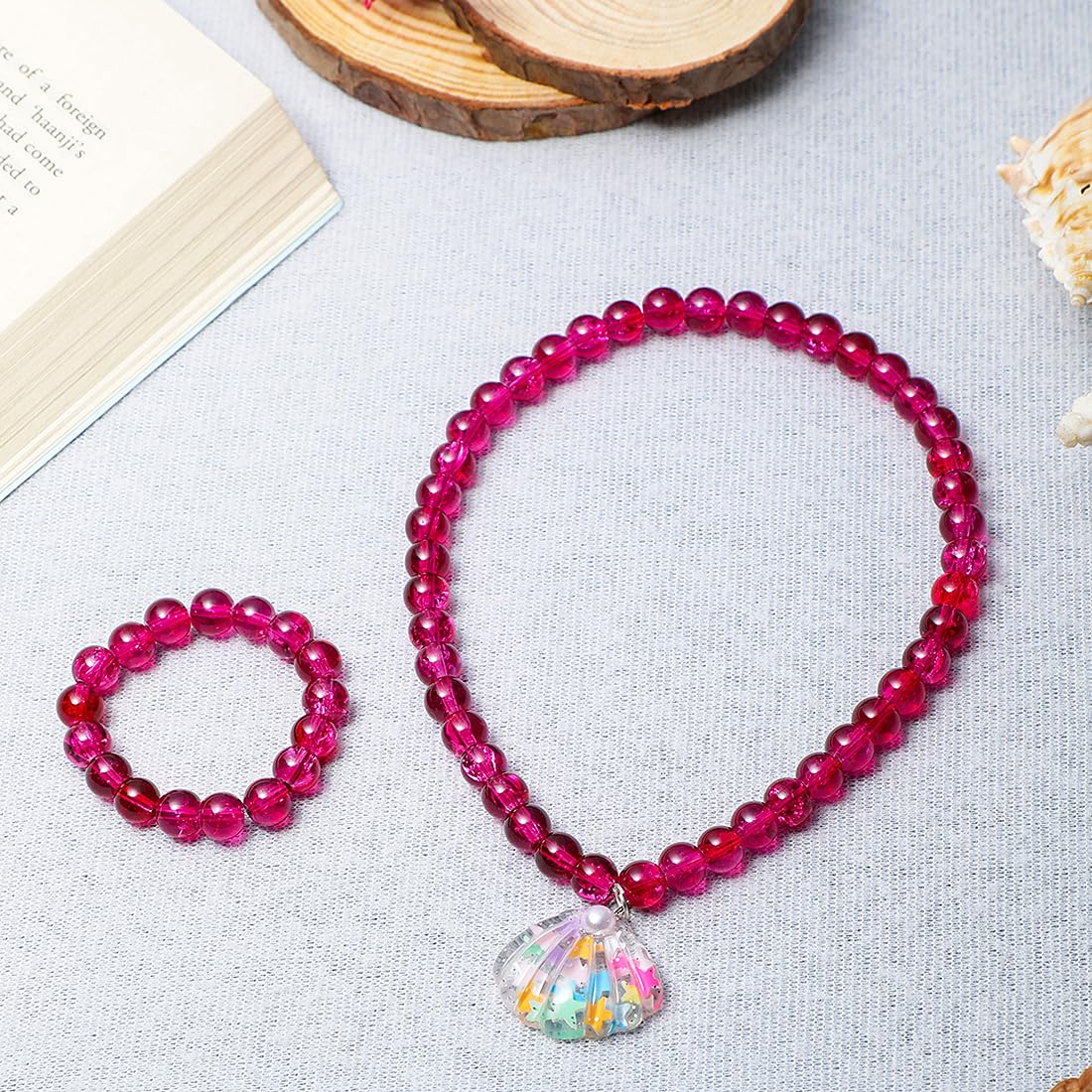 El Regalo 2 PCs Resin Shell Pendant Colorful Sparkly Crackle Beads Pendant Necklace & Bracelet Set for Kids/Girls- Christmas/Birthday Gift for Girls Kids (Magenta)