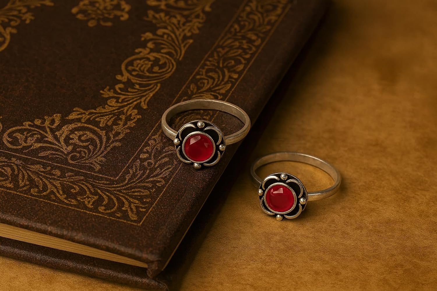 El Regalo Flowers Toe Rings For Women | Stones Toe Rings | Oxidized German Flower Toe Rings Set with Stones (1 Pairs) for Women (Red Stones)