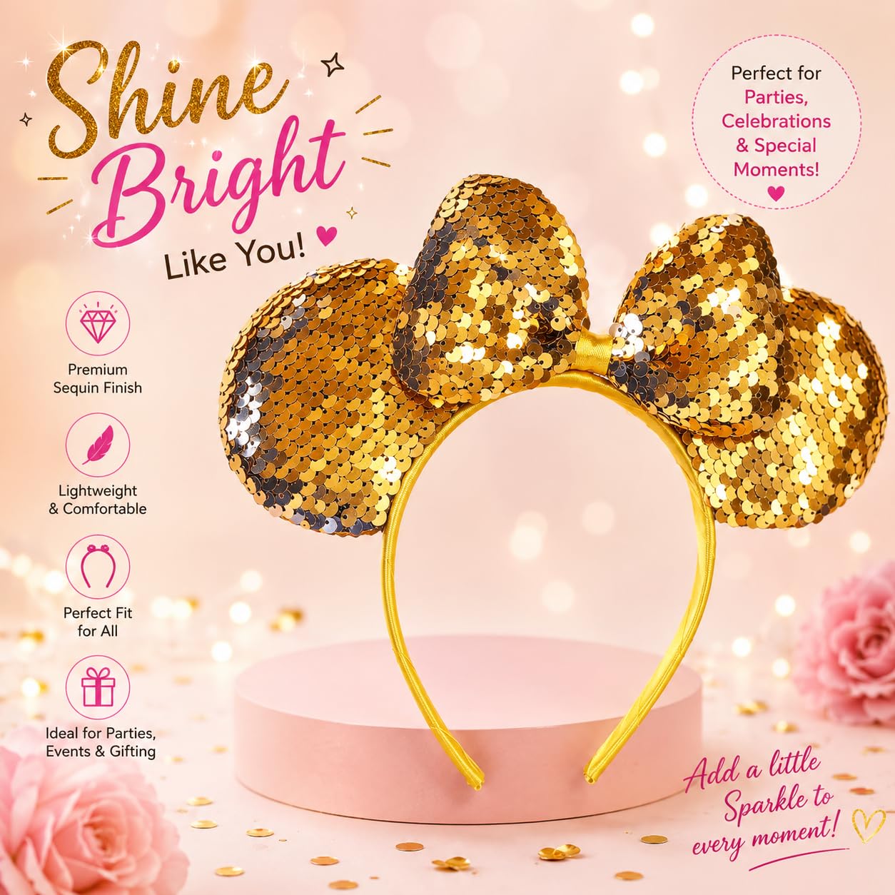 El Regalo Kids Sequin Mouse Ear Hairband with Bow for Girls | Cute Cartoon Mouse Headband | Glitter Party Hair Accessory | Fancy Dress Hair Band for Birthday, Theme Party, Halloween, Christmas & Photoshoot (Gold)