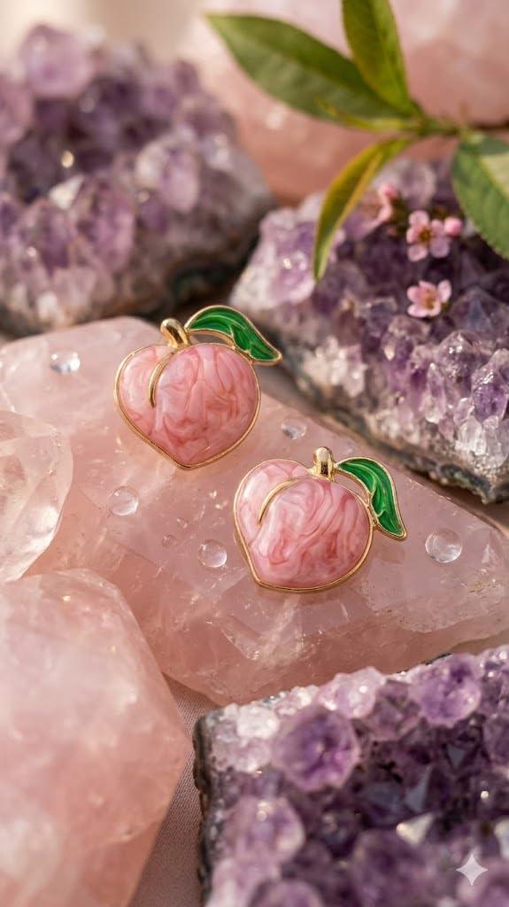 El Regalo Cute Gold Plated Stainless Steel Oil Drop Peach Stud Earrings for Girls & Women | Hypoallergenic Fruit Themed Fashion Earrings (Light Pink)