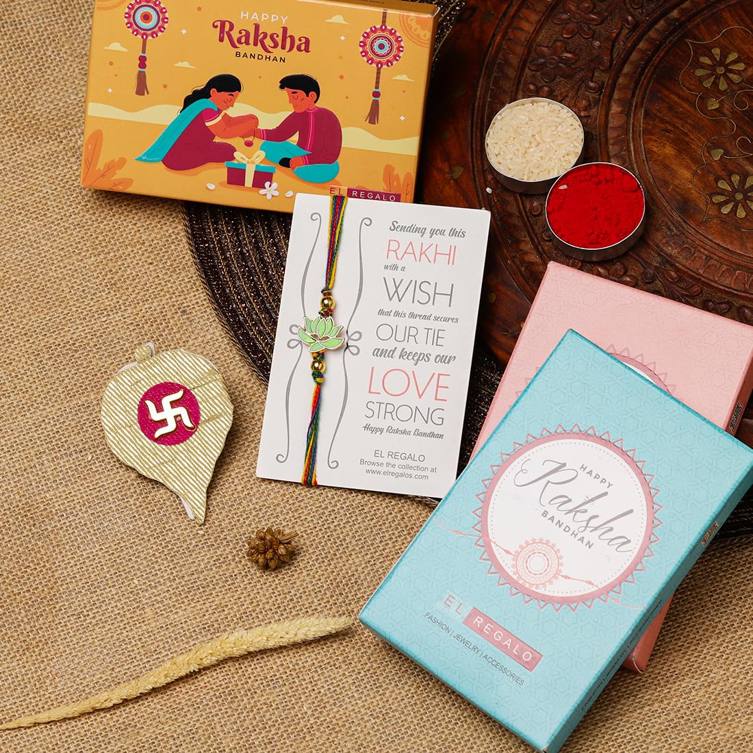 El Regalo 1PC Simple Lotus Flower Rakhi for Brother- Minimalist Lotus Thread Rakhi with Roli Chawal, Rakhi Message Card in Rakhi Gift Box (Option-3)