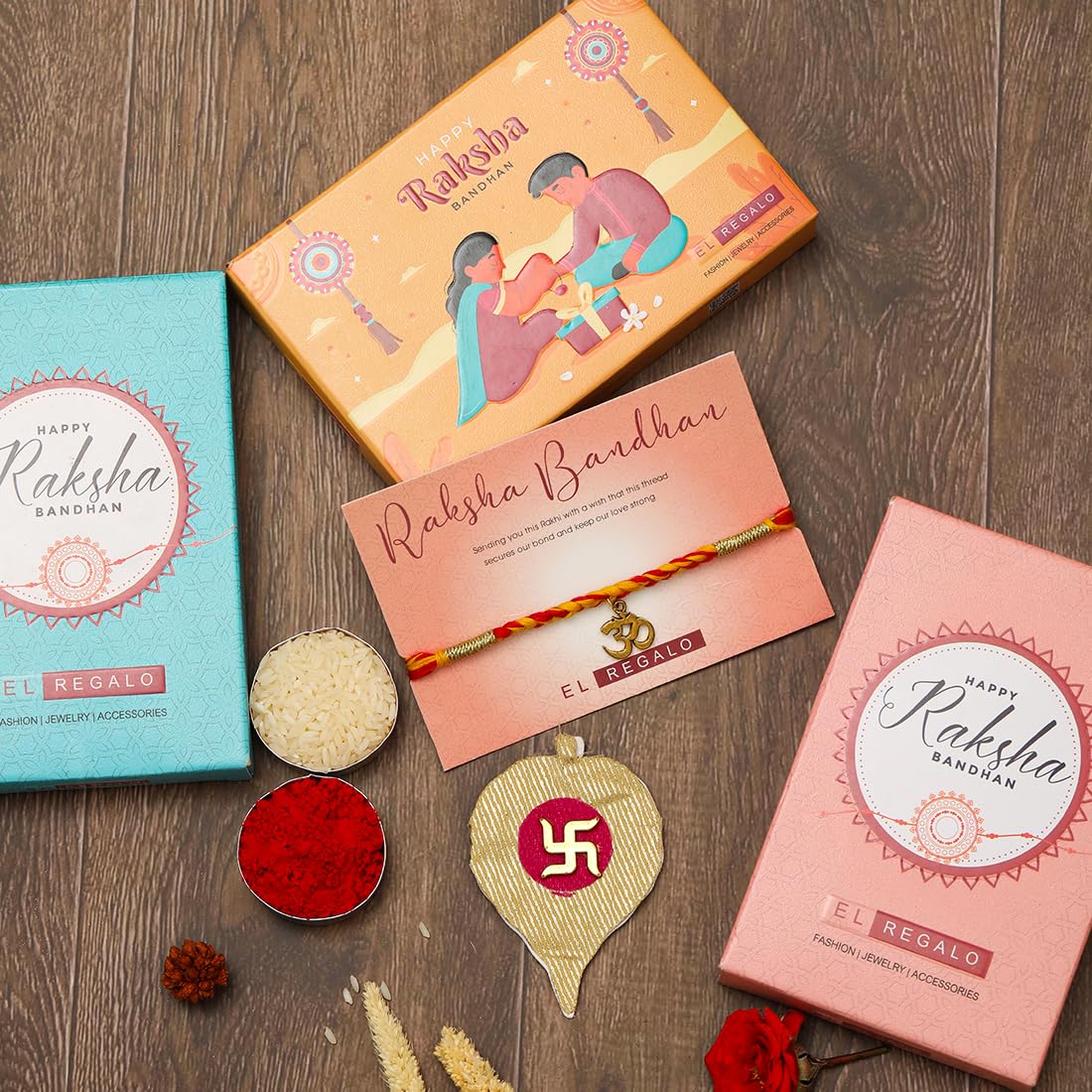 El Regalo Unisex-Adult 1 Pc Moli Rakhi For Bhaiya - Rakshabandhan Moli Charms Rakhi With Message Card & Roli Chawal Shagun In Rakhi Box (Om Moli Rakhi)