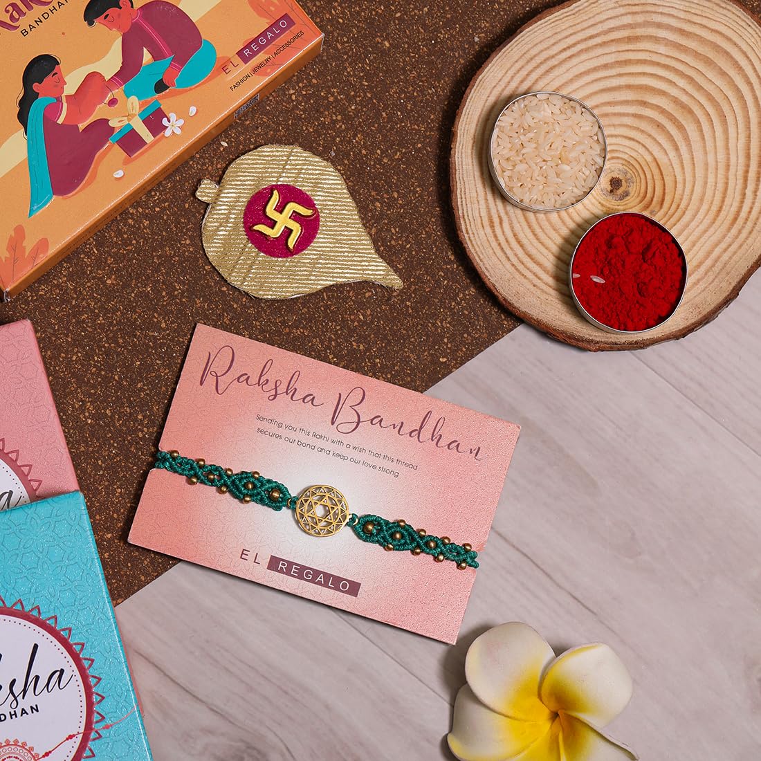 El Regalo 1PC Chakra Rakhi for Brother- Designer Chakra Reiki Healing Symbols Hand Braided Rakhi with shagun, Rakhi Card in Gift Box for Bhaiya/Bhabhi/Niece/Nephew (Heart Chakra)