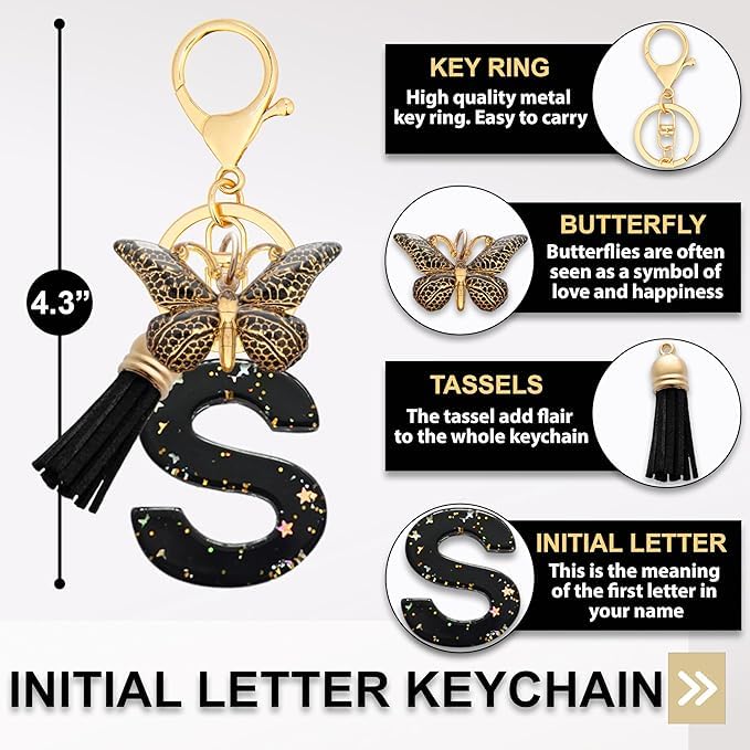 El Regalo Personalized Name Initials Butterfly Charm Keychain - Name Letter Keyring with Black & Golden Tassel & Butterfly Pendant, Purse, Bag, Backpack Accessory (S Letter)