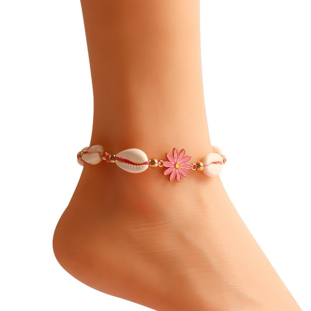 El Regalo Womens 1PC Bohemian Sunflower Cawrie Shell Anklet- Trendy 1 Leg Thread Adjustable Anklet with Pretty Flower Charms (Pink)