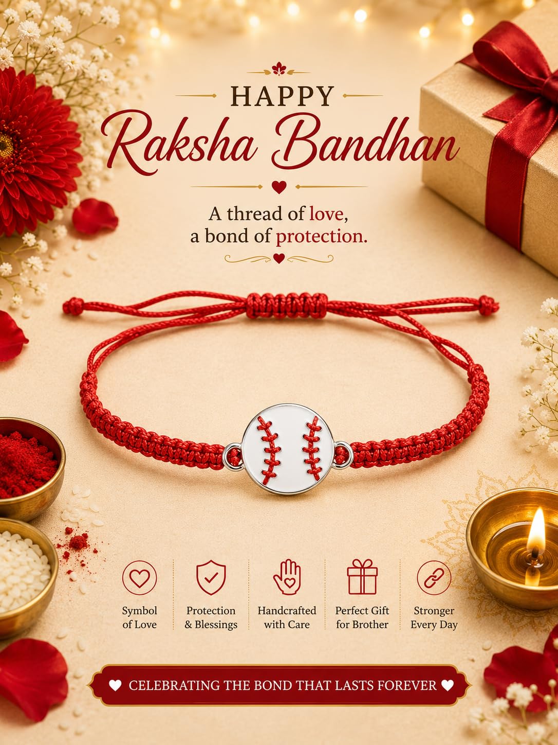 El Regalo 1PC Sports Balls Rakhi for Brother- Cute & Fancy Balls Bracelet Rakhi for Sports Lover Brother with Roli Chawal in Rakhi Gift Box (Baseball)