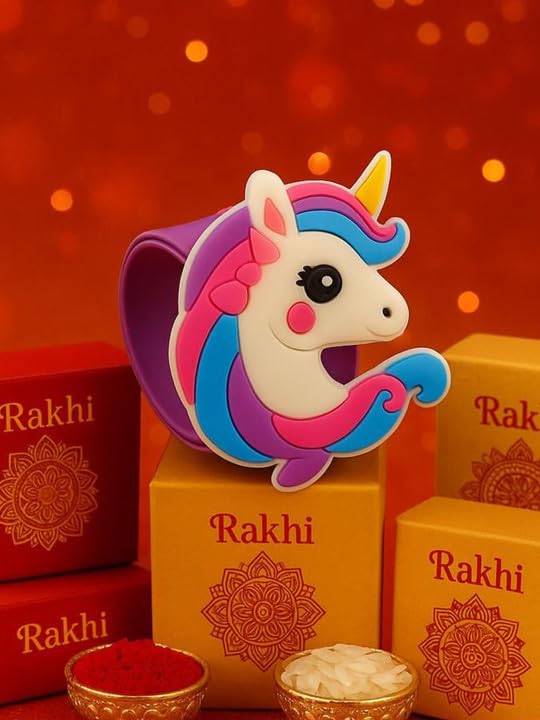 El Regalo Cute Slap Band Bracelet Rakhi for Kids Boys & Little Brother | Fun Quirky Silicone Slap Wristband Rakhi for Toddlers & Children with Roli Chawal Pack and Gift Box (Unicorn)