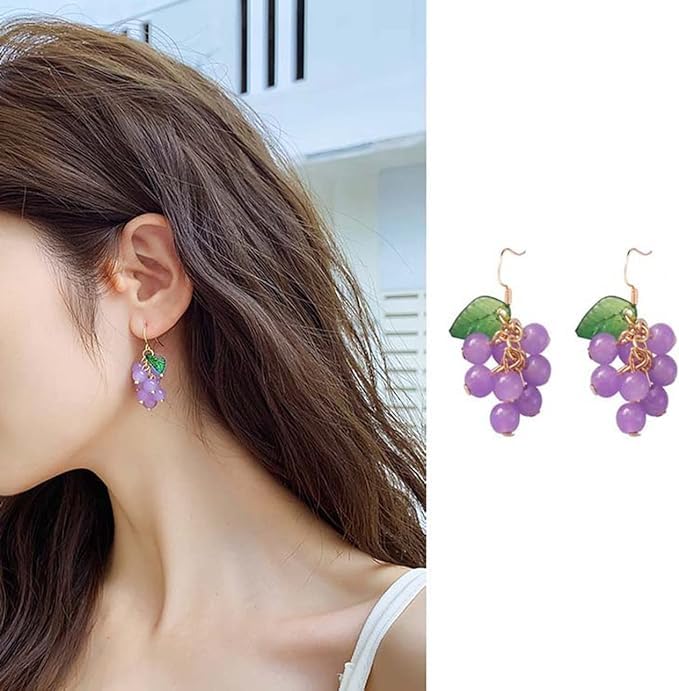 El Regalo Purple Grape Bunches Crystal Bead Drop Earrings for Girls & Women- Handmade Acrylic Fruit Dangle Drop Fashion Earrings (Grapes Bunch Hook)