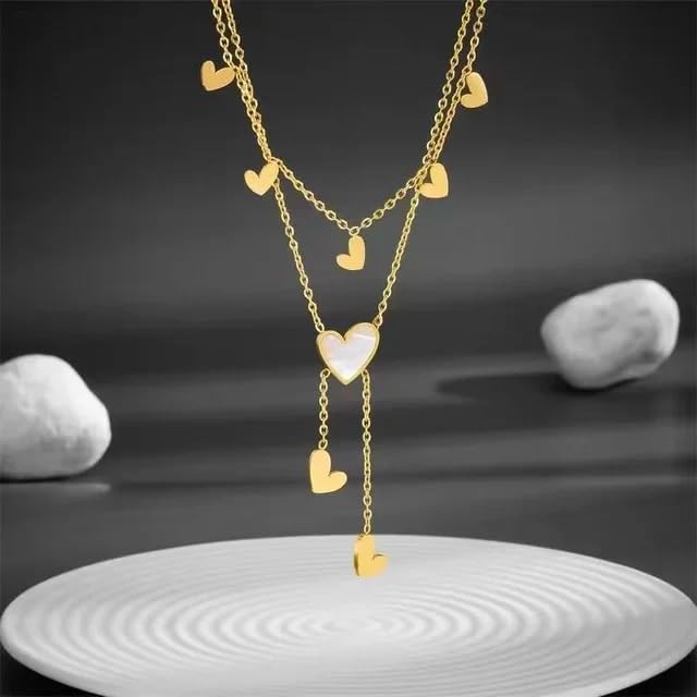 El Regalo Stainless Steel Double Layered Tassel Love Hearts Necklace for Girls & Women- Anti Tarnish, Elegant, Waterproof Hearts Necklace