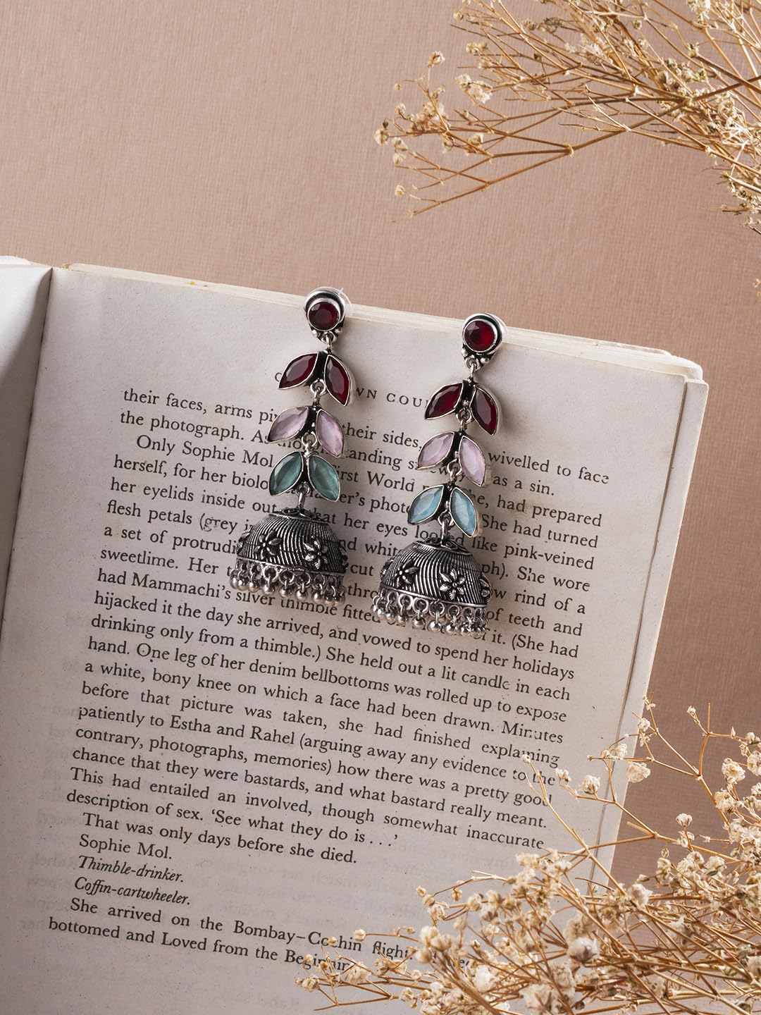 El Regalo Elegant Oxidized Stones Leaves Brass Jhumka Earrings- Silver Lookalike Ethnic Long Jhumki Earrings for Women Girls (Multi)