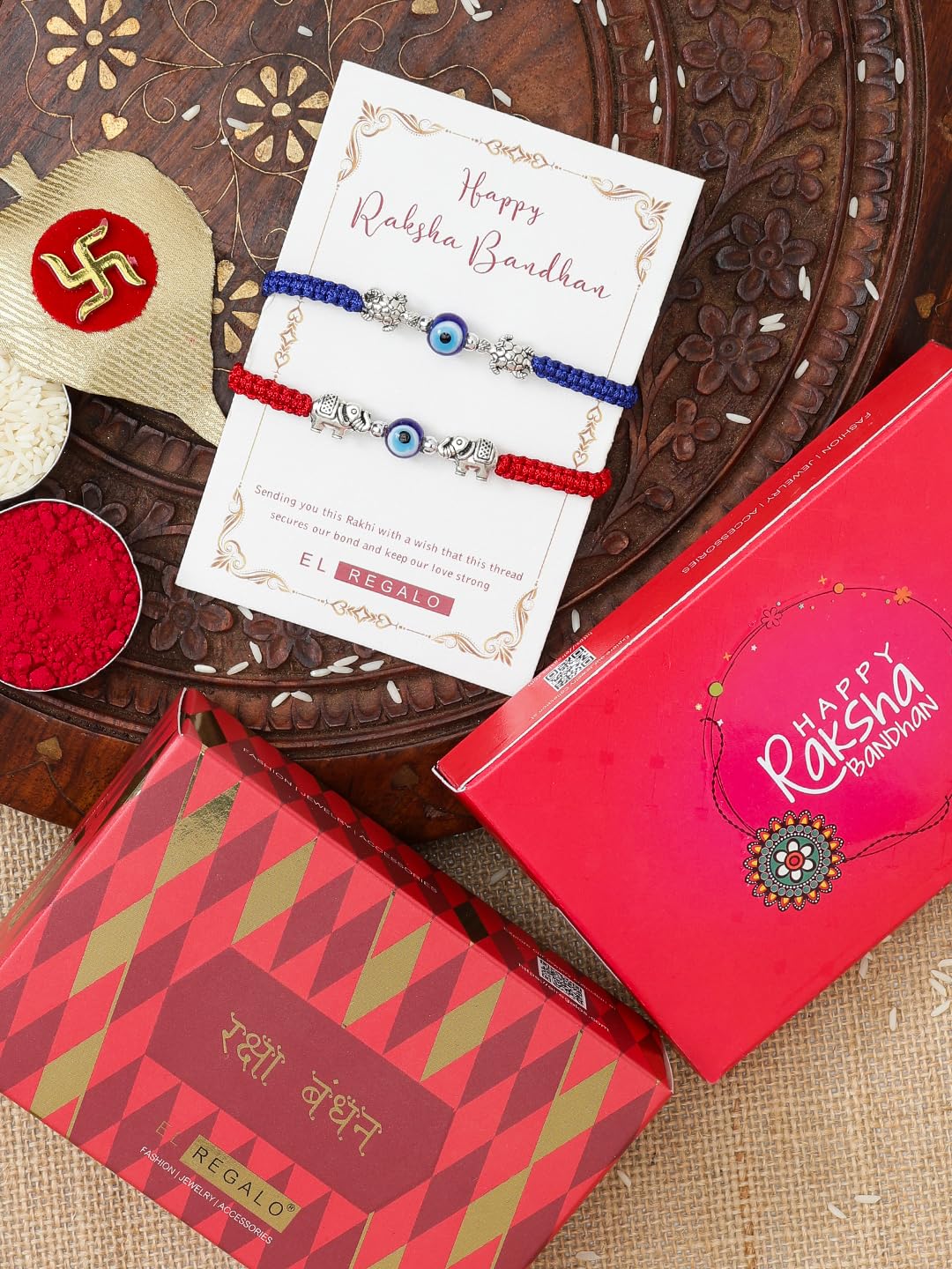 El Regalo 2PCs Cute Evil Eye Bracelet Rakhi Combo for Brothers/Bhai-Bhabhi- Fancy Evil Eye Rakhi with Roli Chawal in Rakshabandhan Gift Box (Elephant & Turtle Evil Eye)