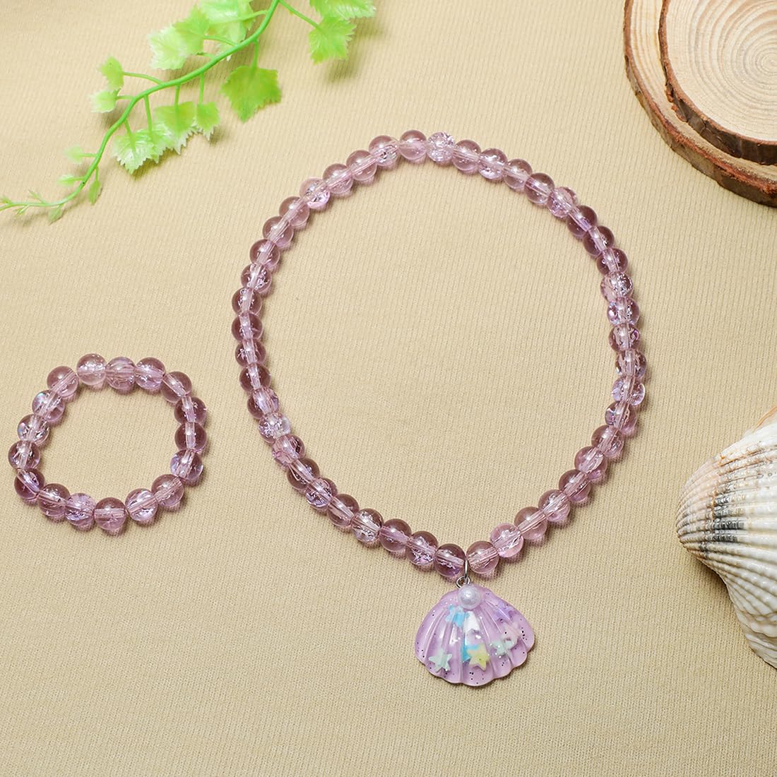 El Regalo 2 PCs Resin Shell Pendant Colorful Sparkly Crackle Beads Pendant Necklace & Bracelet Set for Kids/Girls- Christmas/Birthday Gift for Girls Kids (Purple)