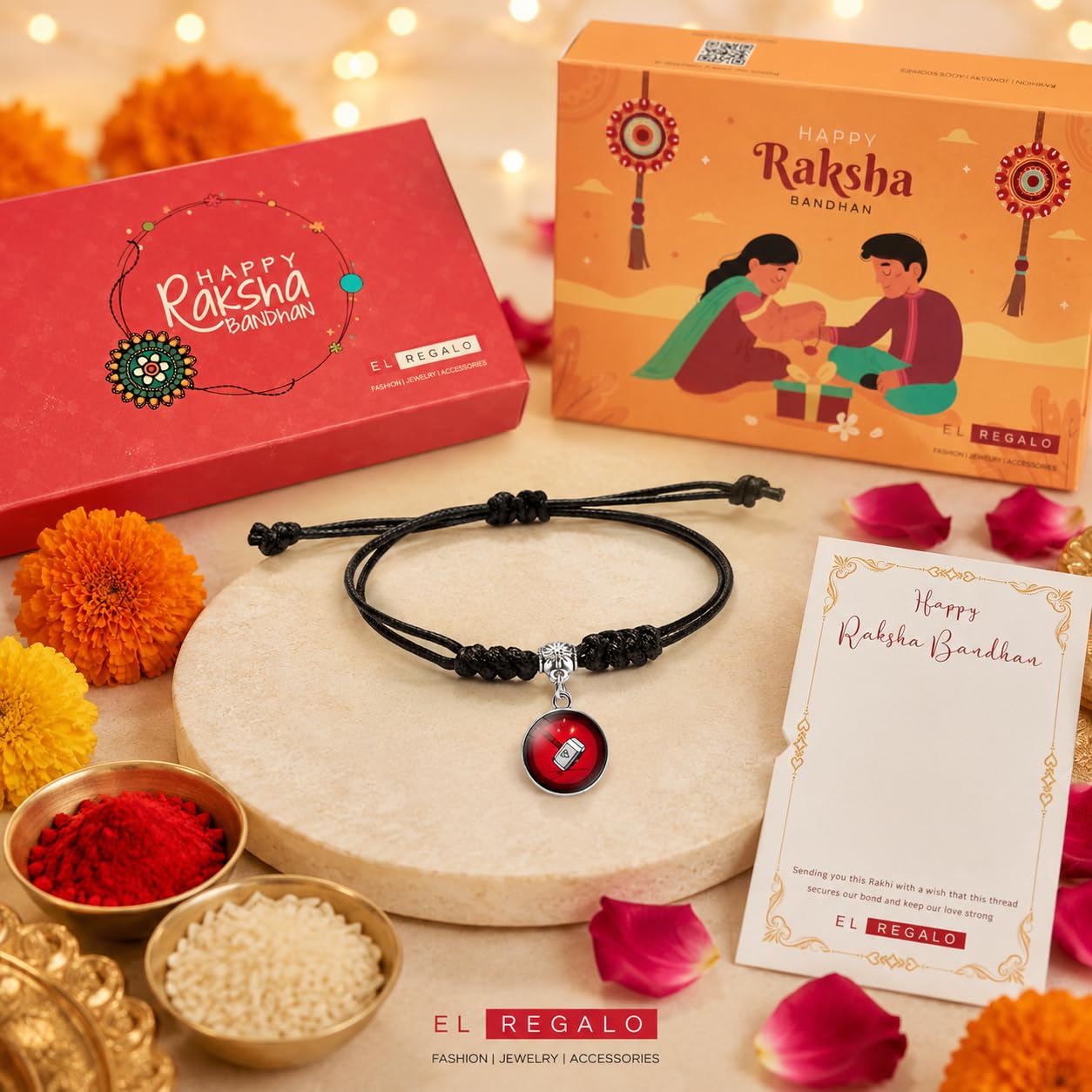 El Regalo 1PC Superhero Kids Rakhi- Fun Kids Bracelet Rakhi with Roli Chawal, Rakhi Message Card in Rakhi Gift Box for Little Bro/Sister/Niece or Nephew (Thor Black Rakhi)