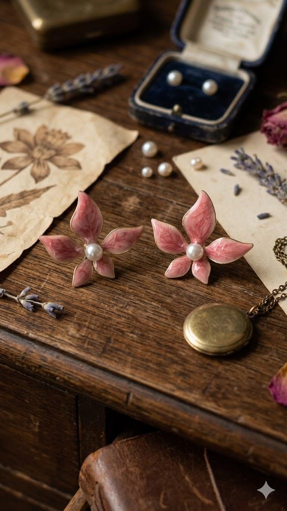 El Regalo 1Pair Stainless Steel Flower Pearl Earrings for Girls & Women | Gold Plated Retro Vintage Floral Enamel Stud Earrings | Anti-Tarnish Hypoallergenic Earrings | Cute & Elegant Studs (Pink)