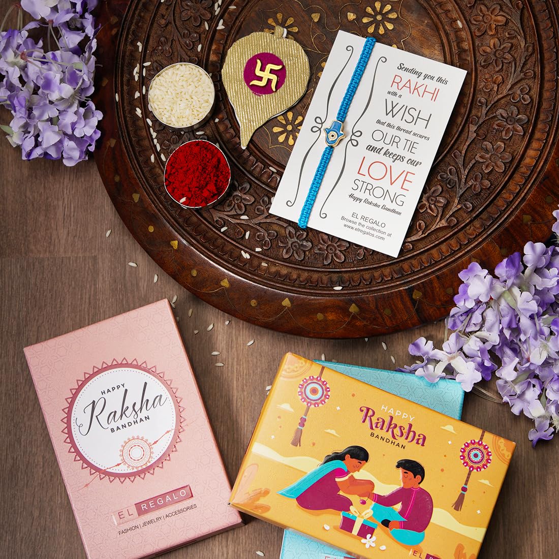 El Regalo 1 PC Hamsa Hand Evil Eye Nazaria Rakhi for Brother- Fancy Evil Eye Rakhi Gift Box with 1 PC Rakhi, Shagun Pack & Rakhi Message Card in Rakhi Gift Box (Light Blue Hamsa Rakhi)