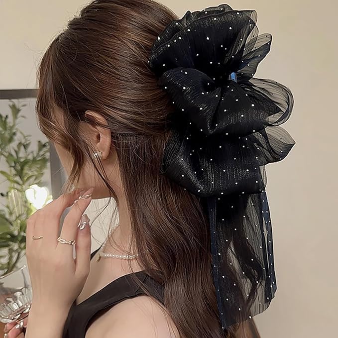 El Regalo Shimmering Big Bow Hair Claw Clips for Girls & Women- Fancy Chiffon Silk Hair Clip with Rhinestone, Large Hair Jaw Clips, Fabric Floral Bows Hair Accessories (White)